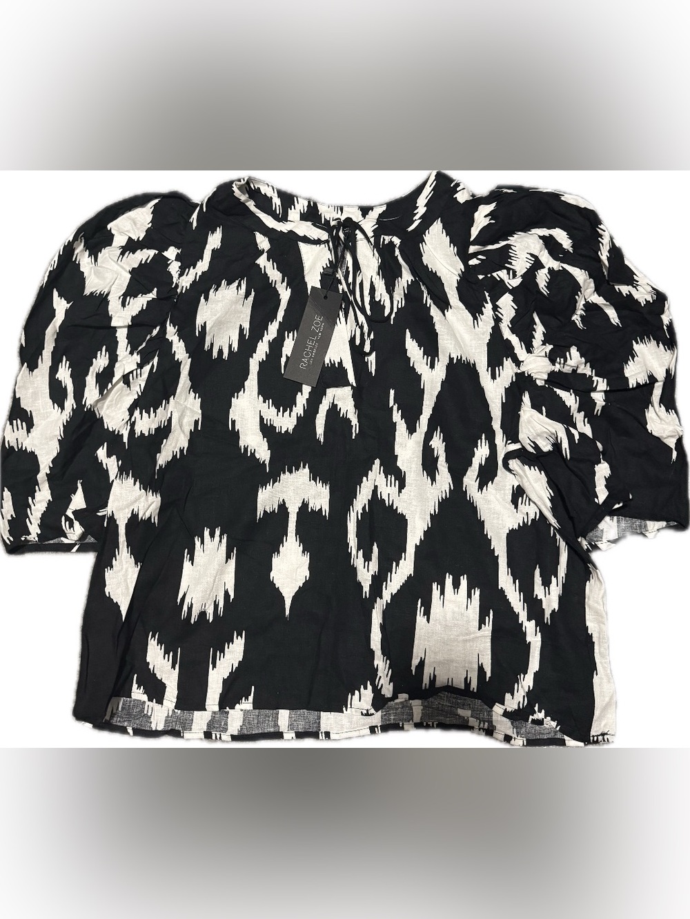 RACHEL ZOE Black and White Ikat Puff-Sleeve Blouse